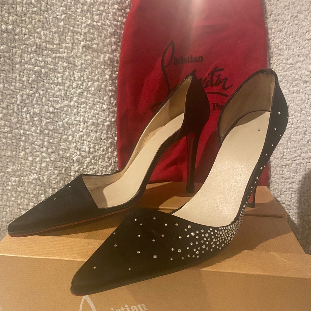 Christian Louboutin black silk Strass Helmoon d’Orsay evening pumps size 38